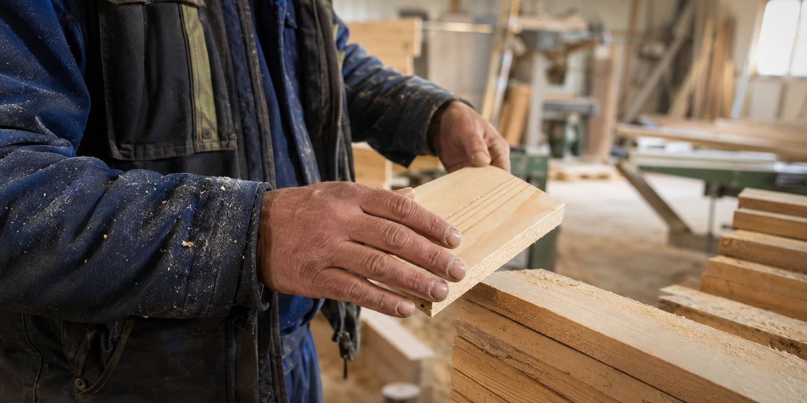 Meșter verificând o piesă de cherestea rindeluită în atelier